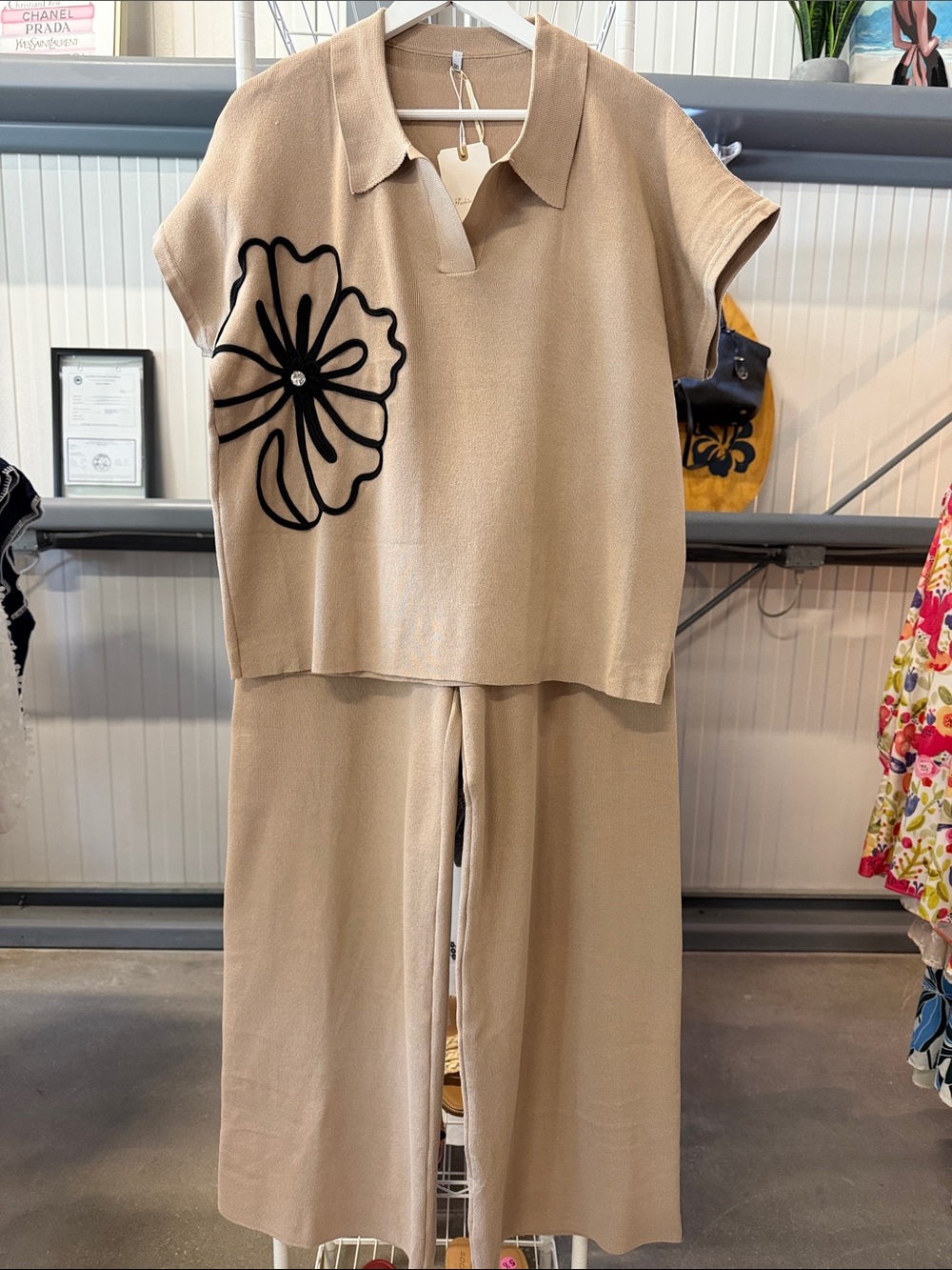 Women's Beige Wide-Leg Knit Pant Set with Black Floral Detail